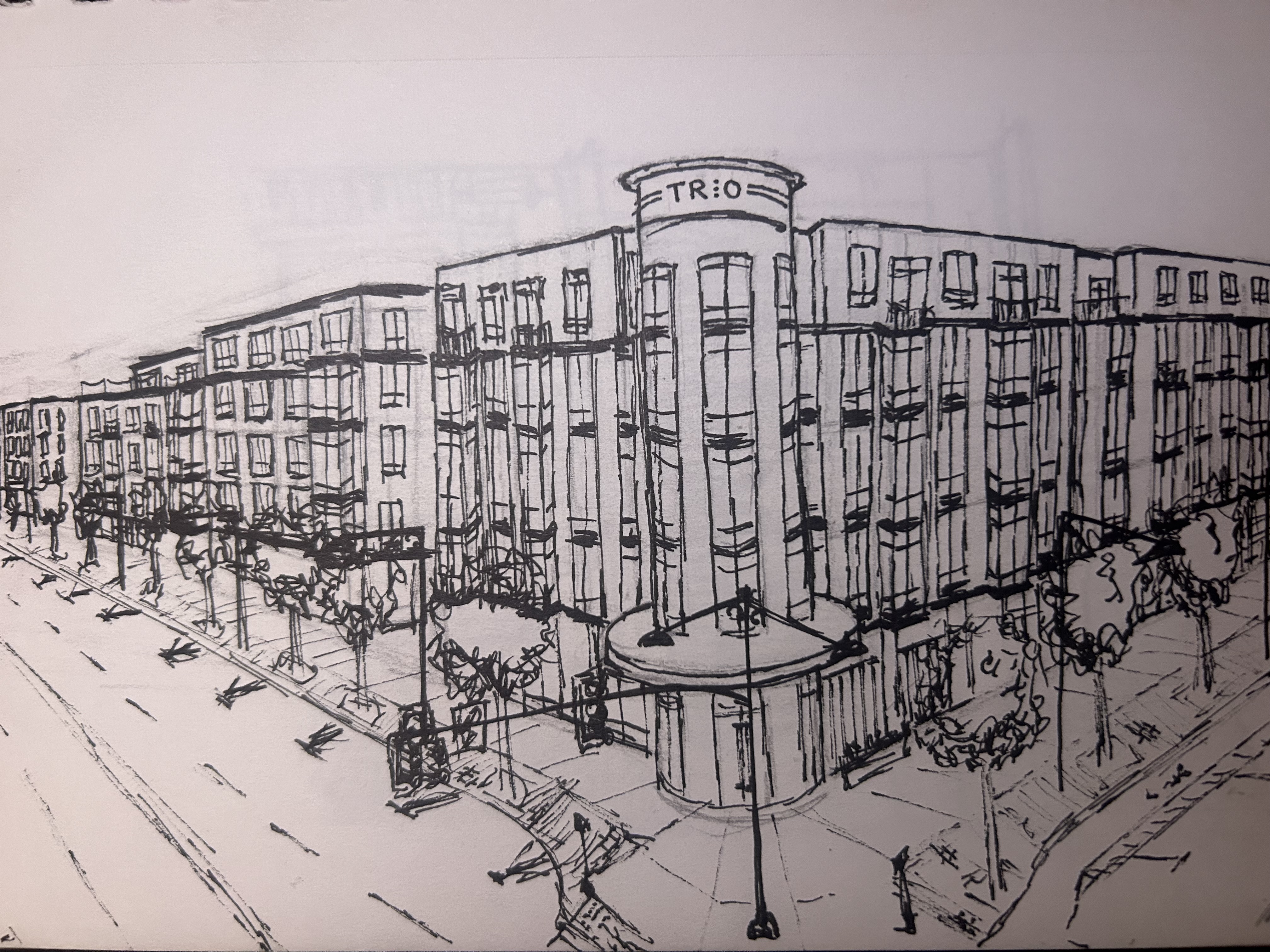 Sketch of factory-style building and streetscape